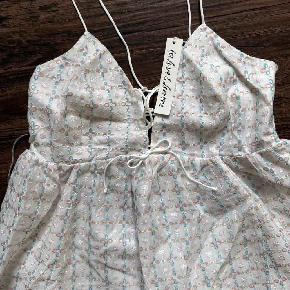 NWT For Love & Lemons XL Gardenia Eyelet Mini Dress Pastel Floral Embroidery